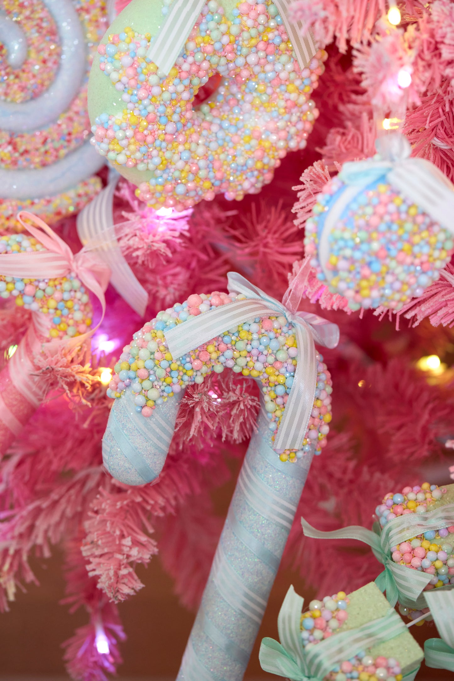 SMALL ICED SPRINKLE BLUE CANDY CANE HANGING