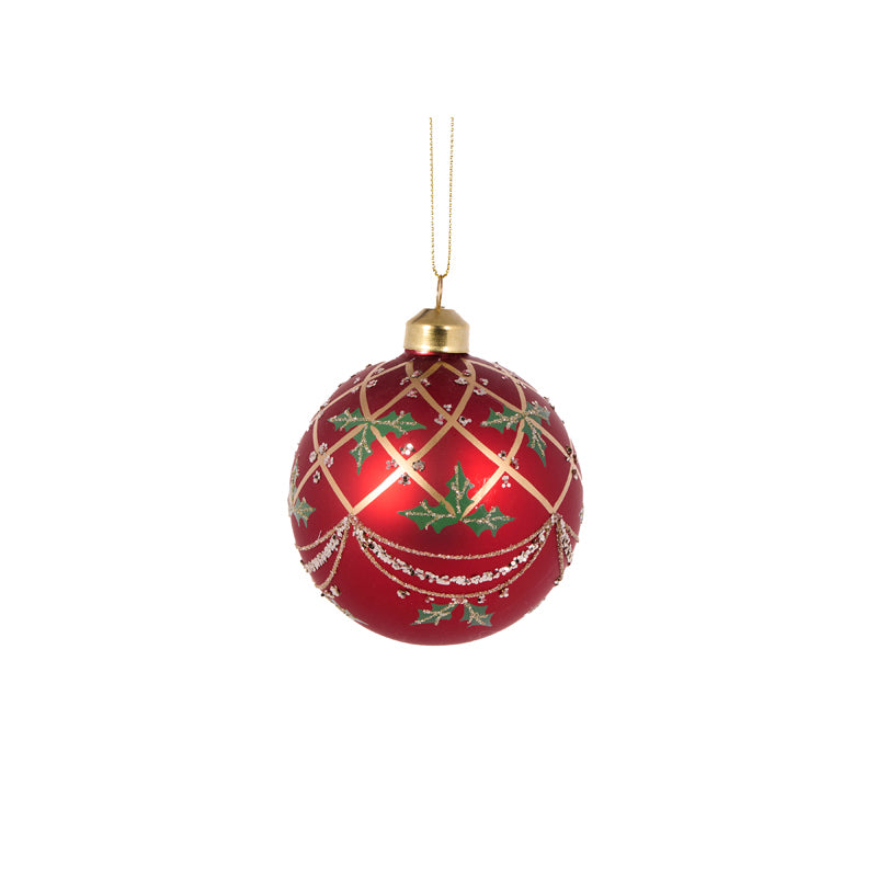 Intricate Red Check Holly Bauble