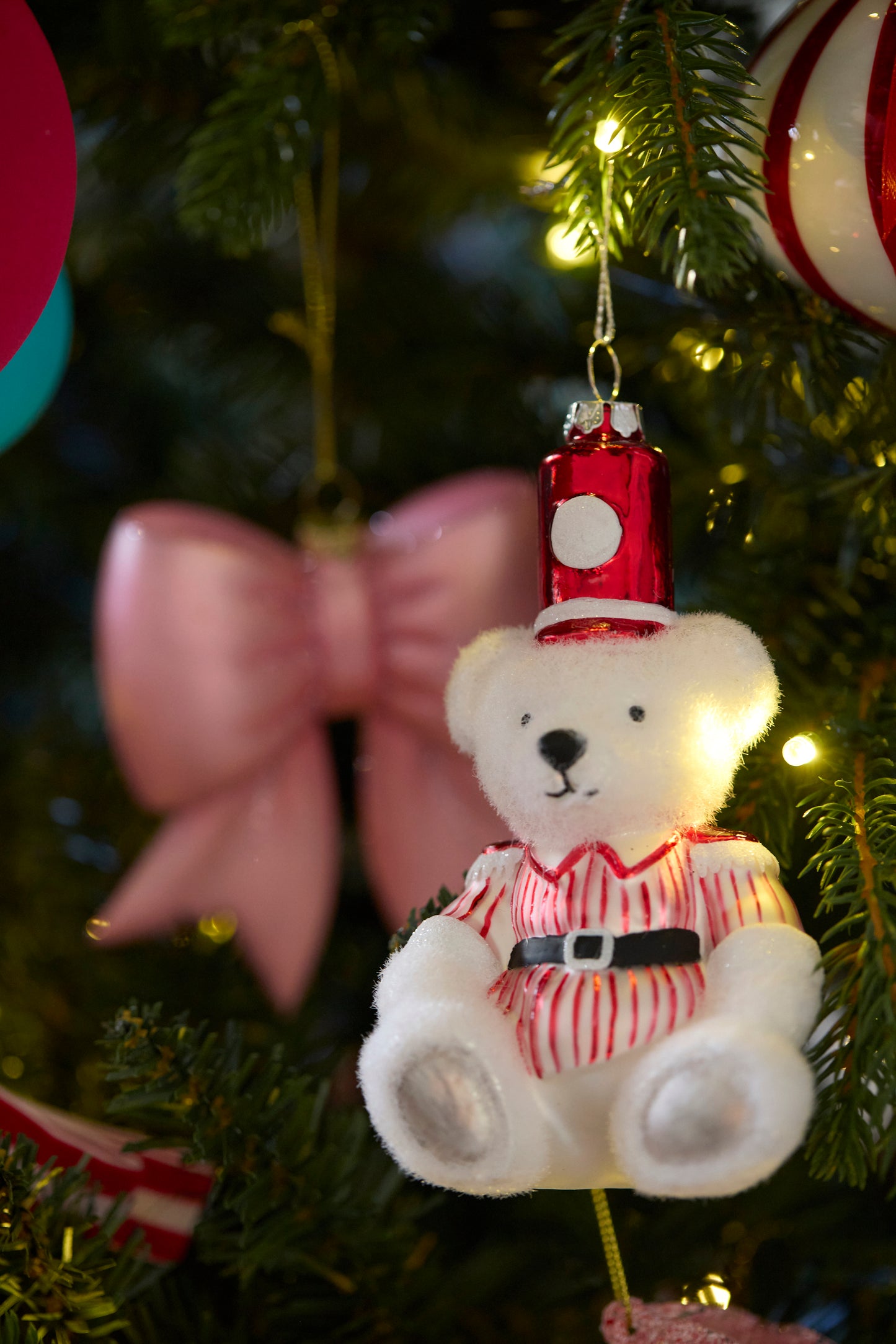 GLASS CANDY STRIPE SITTING BEAR HANGING