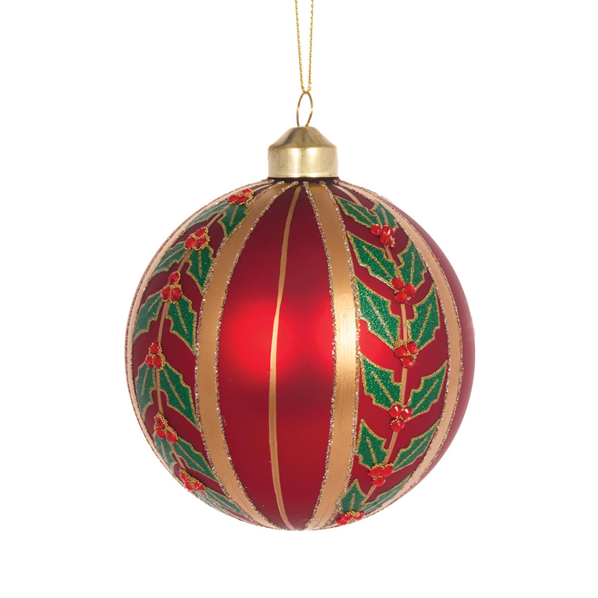 MATTE RED AND HOLLY STRIPPED BAUBLE