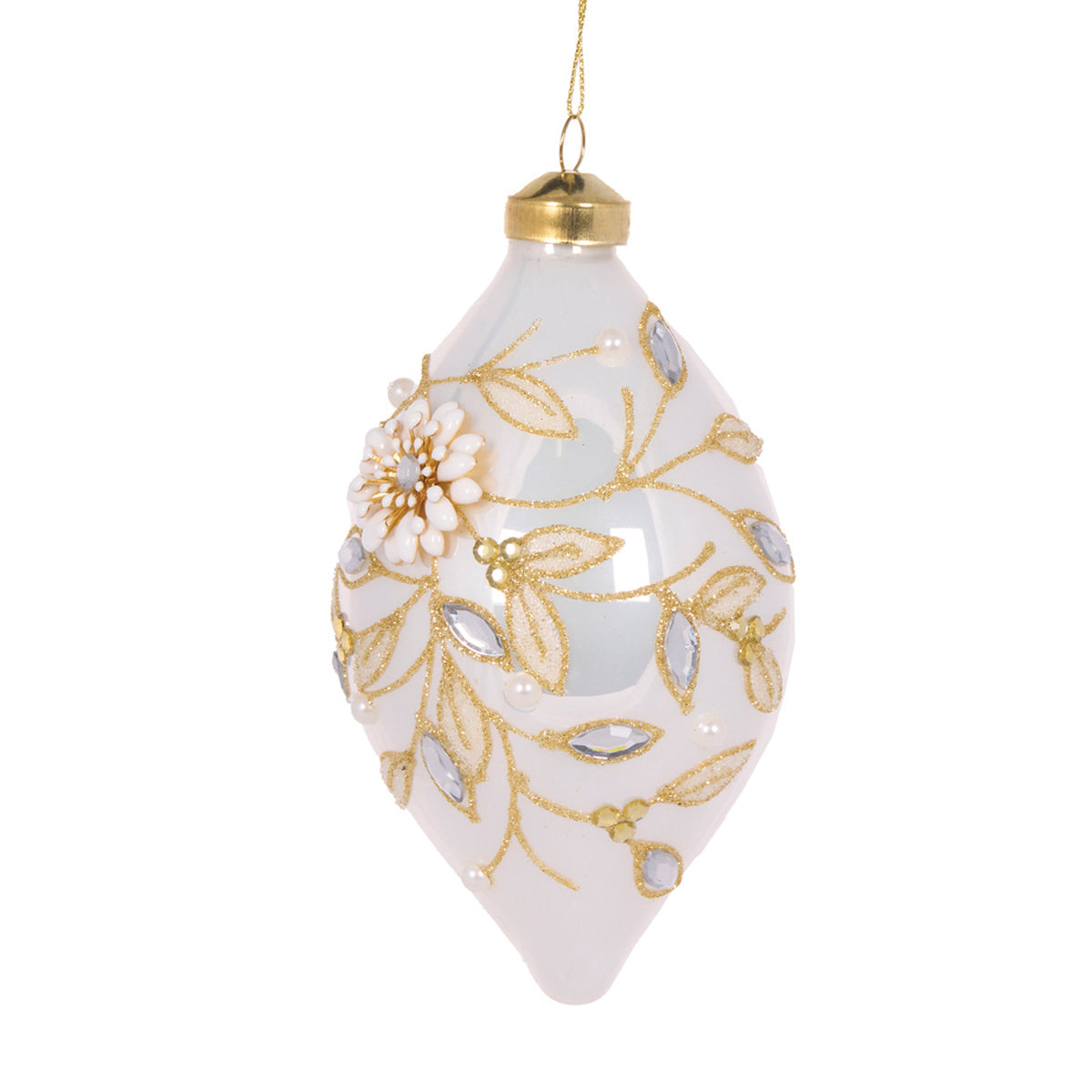 IVORY EMBELLISHED FOLIAGE DROP BAUBLE