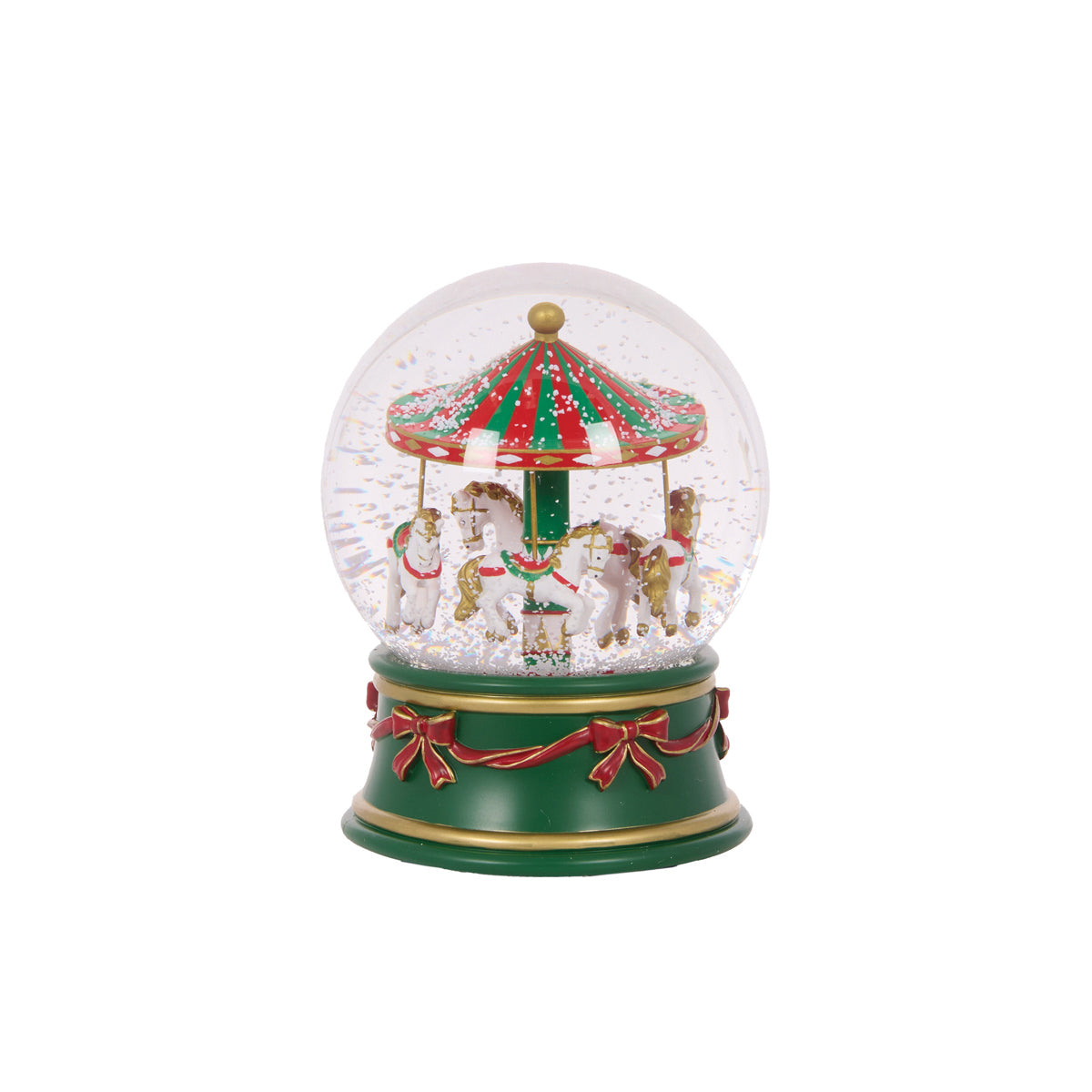 12 CM MUSICAL RED AND GREE MERRY-GO-ROUND SNOW GLOBE