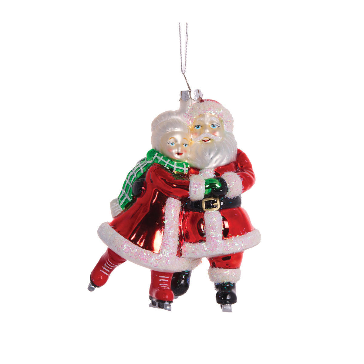 GLASS HUGGING MR. AND MRS. CLAUS HANGING