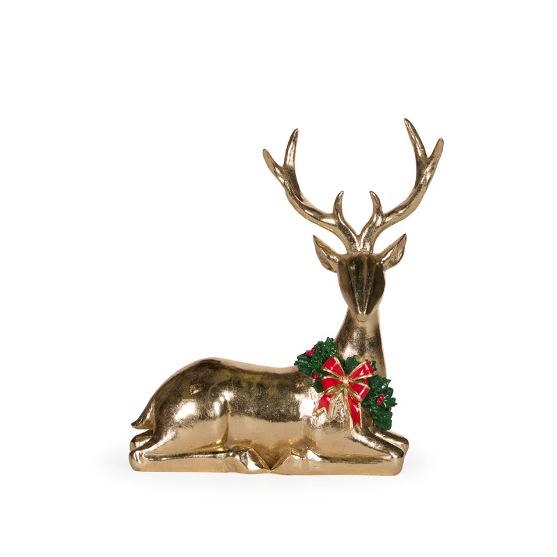 23cm Sitting Gold Reindeer With Bow Garland