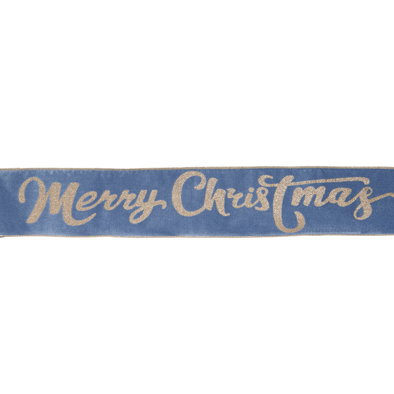 10cm Light Blue 'Merry Christmas' Velvet Ribbon