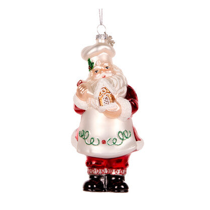 Chef Santa With Gingerbread House Glass Ornament