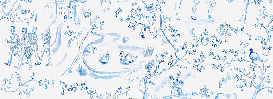 Holly & Ivy December Frost blue toile artwork with hand-drawn winter motifs.