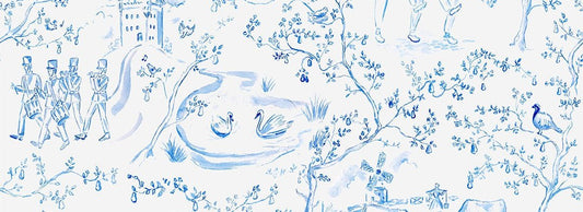 Holly & Ivy December Frost blue toile artwork with hand-drawn winter motifs.