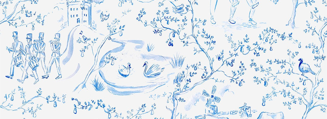 Holly & Ivy December Frost blue toile artwork with hand-drawn winter motifs.