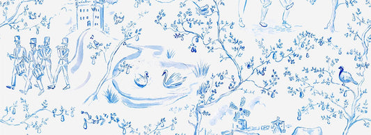 Holly & Ivy December Frost blue toile artwork with hand-drawn winter motifs.
