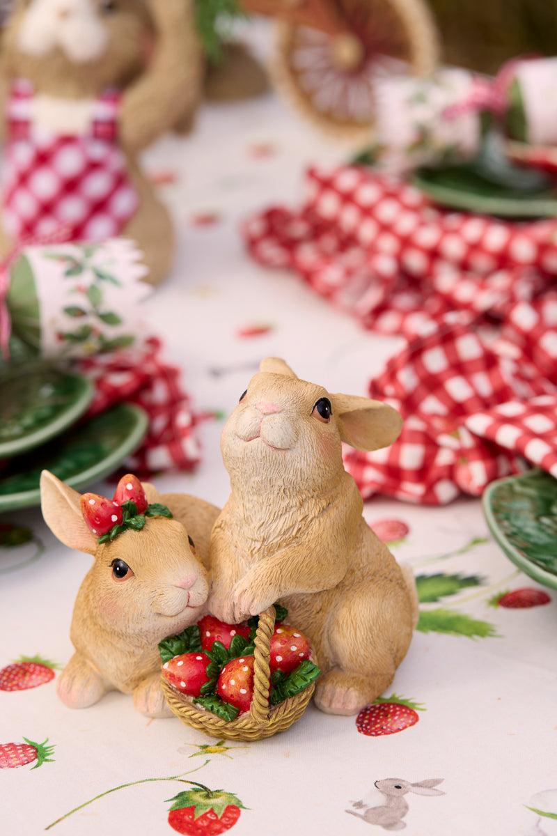 CUDDLING RABBITS WITH STRAWBERRY BASKET