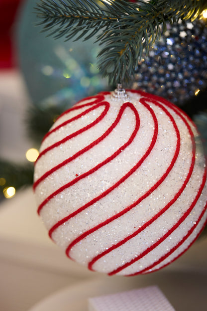 Xl White And Red Swirl Bauble