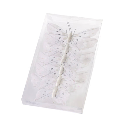Set/6 White Glitter Clip Butterflies