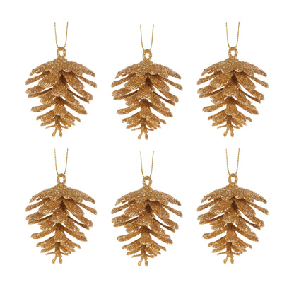 6pk Glittered Gold Pinecones Hanging