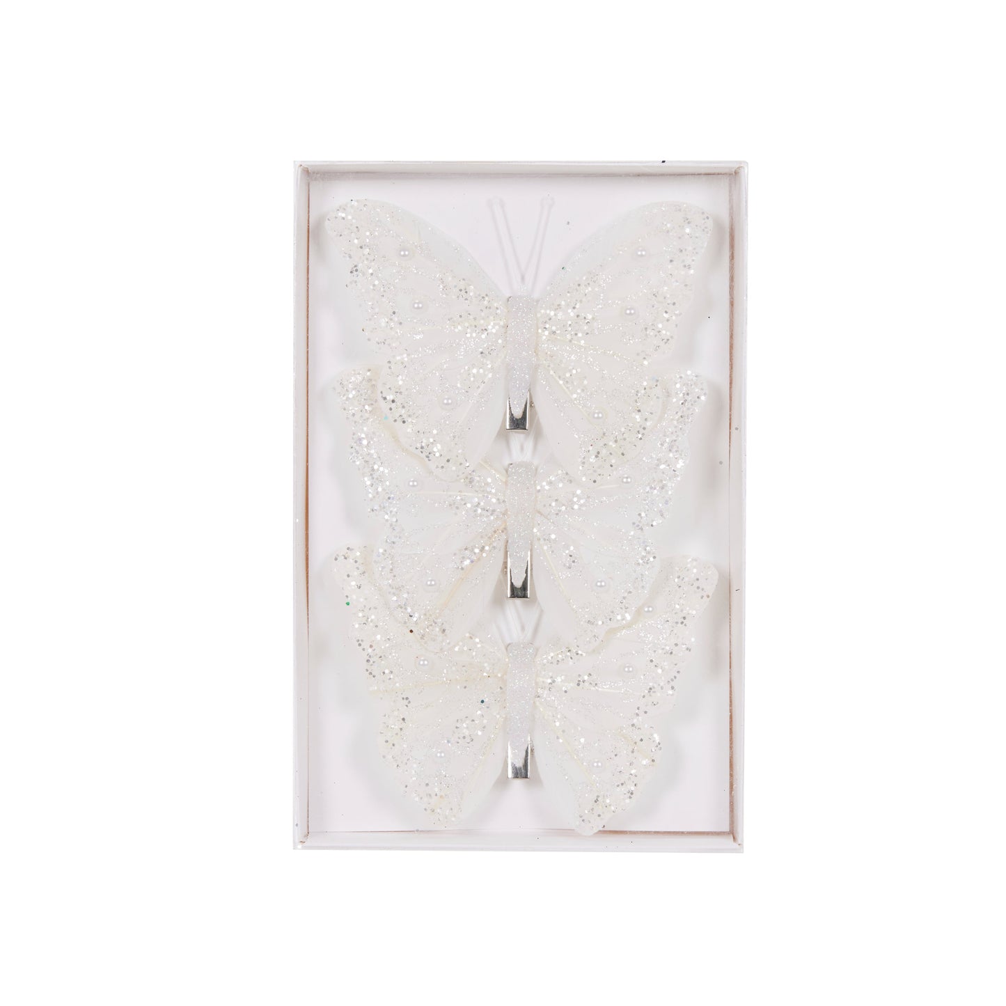 Set/3 White Glitter Butterfly Clips