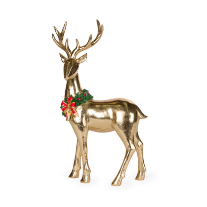 33cm Standing Gold Reindeer With Bow Garland