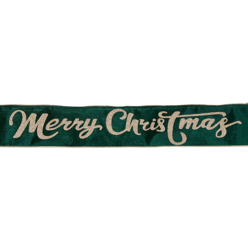 10cm Emerald Green 'Merry Christmas' Velvet Ribbon