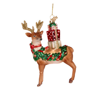 Reindeer With Presents Glass Ornament