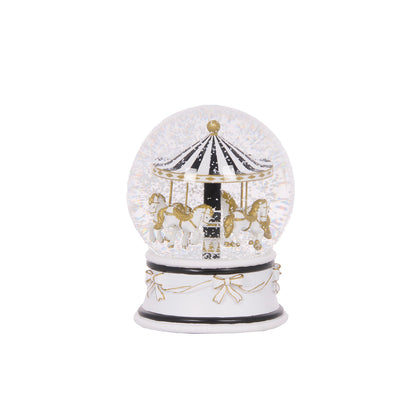 12 CM MUSICAL GOLD AND WHITE MERRY-GO-ROUND SNOW GLOBE