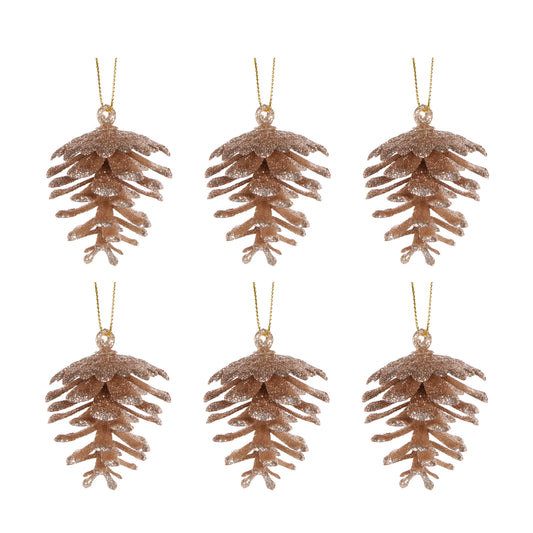 6Pk Glittered Champagne Pinecones Hanging