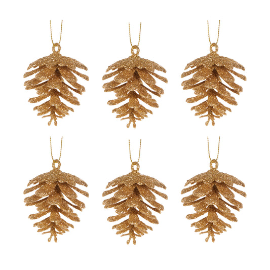 6Pk Glittered Gold Pinecones Hanging