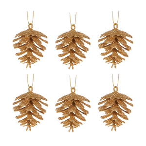 6Pk Glittered Gold Pinecones Hanging