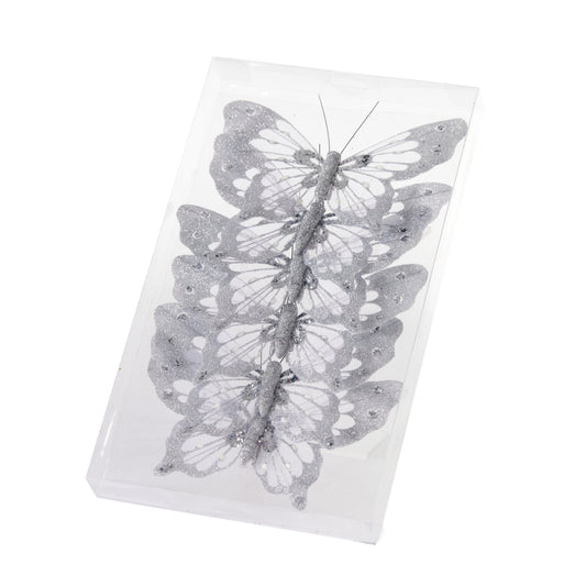 Set/6 Silver Glitter Clip Butterflies