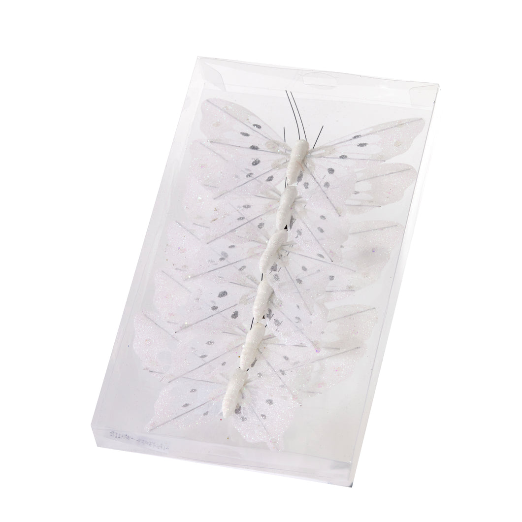 Set/6 White Glitter Clip Butterflies