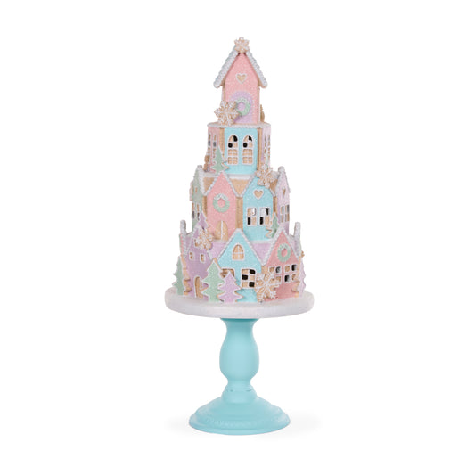 Pastel Piped Gingerbread Village On Pedestal