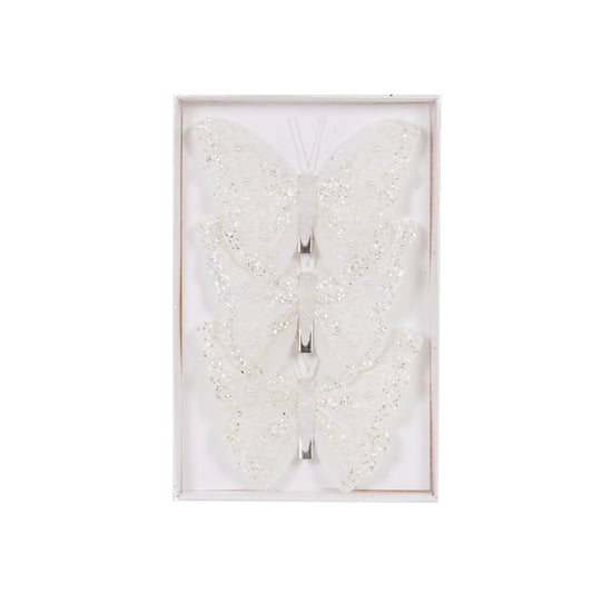 Set/3 White Glitter Butterfly Clips