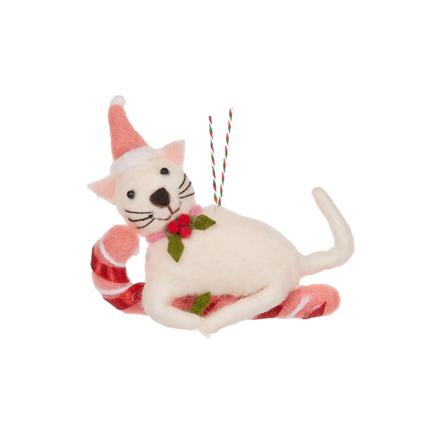 Wool Cream Cat With Candy Cane