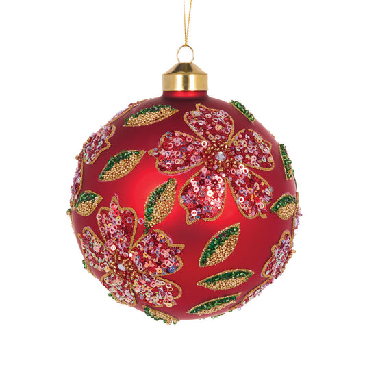 MATTE BEADED POINSETTIA ROUND BAUBLE
