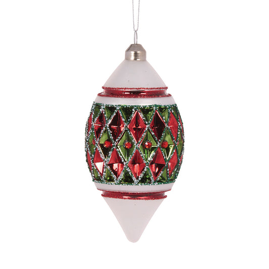 FROSTED RED AND GREEN QUILT DROP BAUBLE