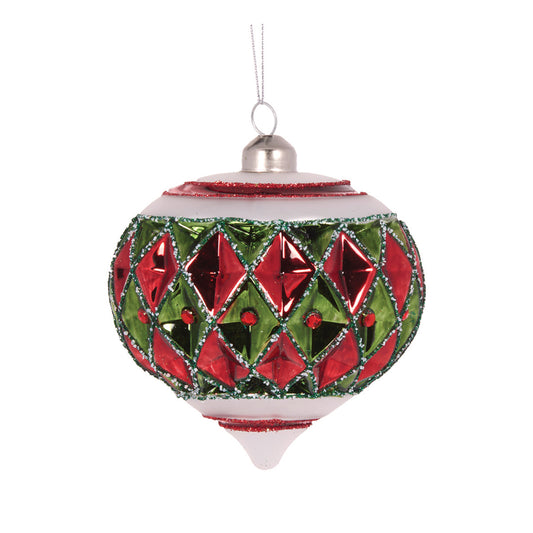 FROSTED RED AND GREEN QUILT ONION BAUBLE