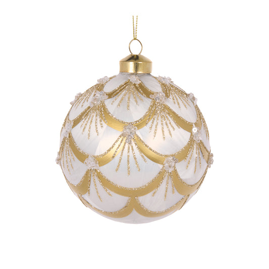 WHITE AND GOLD DECO SCALLOPED BAUBLE