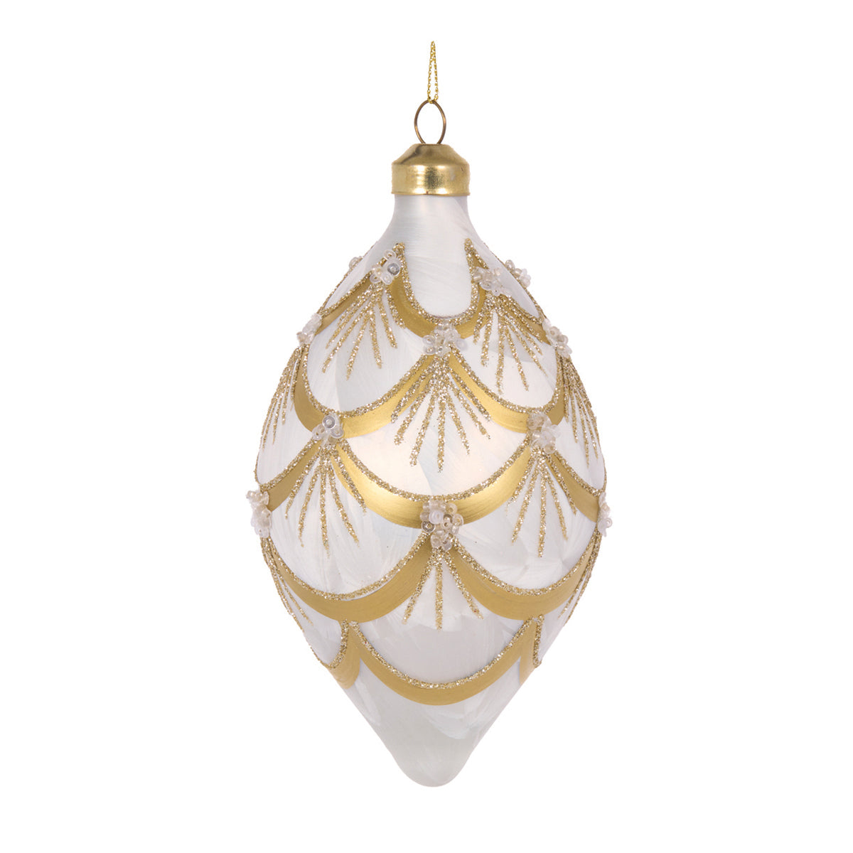 WHITE AND GOLD DECO SCALLOPED DROP BAUBLE