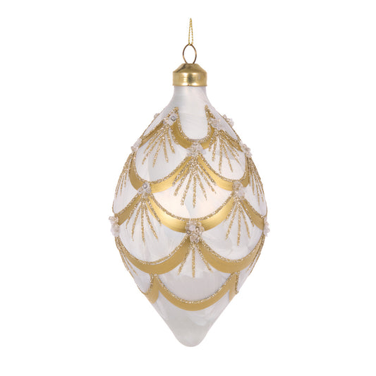 WHITE AND GOLD DECO SCALLOPED DROP BAUBLE