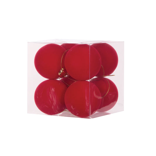 8PK RED FLOCKED BAUBLES