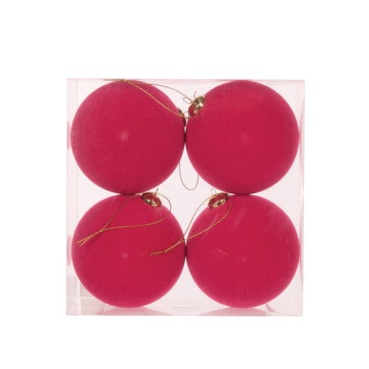 4PK FUCHSIA FLOCKED BAUBLES