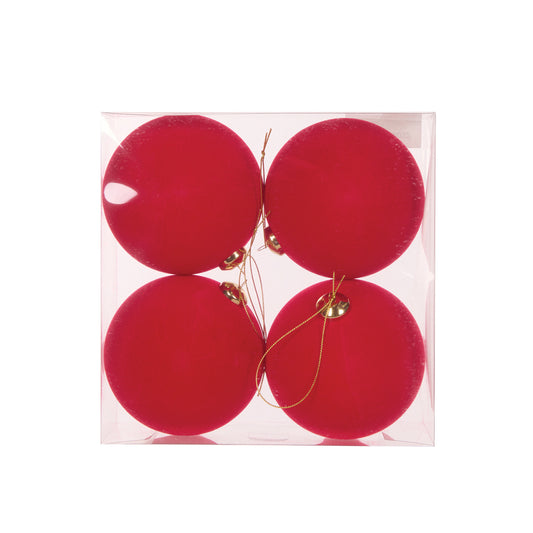 4PK RED FLOCKED BAUBLES