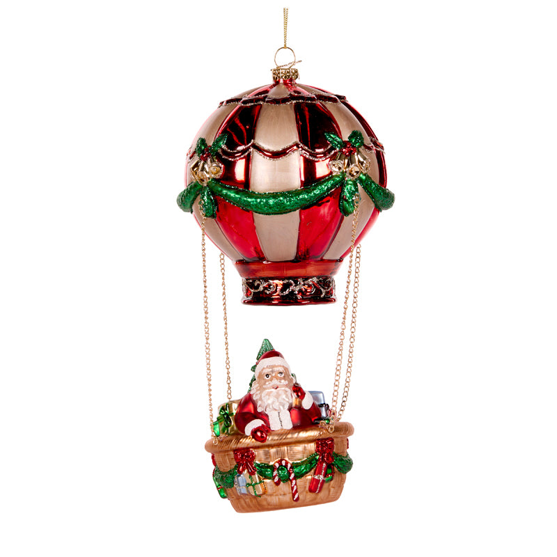 SANTA HOT AIR BALLOON GLASS ORNAMENT