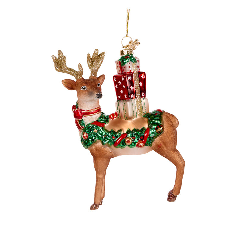 REINDEER WITH PRESENTS GLASS ORNAMENT