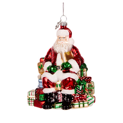 SANTA SITTING ON PRESENTS GLASS ORNAMENT