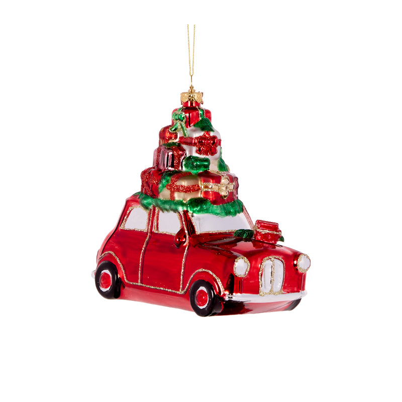 CAR WITH PRESENTS GLASS ORNAMENT
