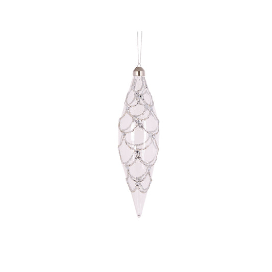 CLEAR SILVER SCALLOP LONG DROP BAUBLE