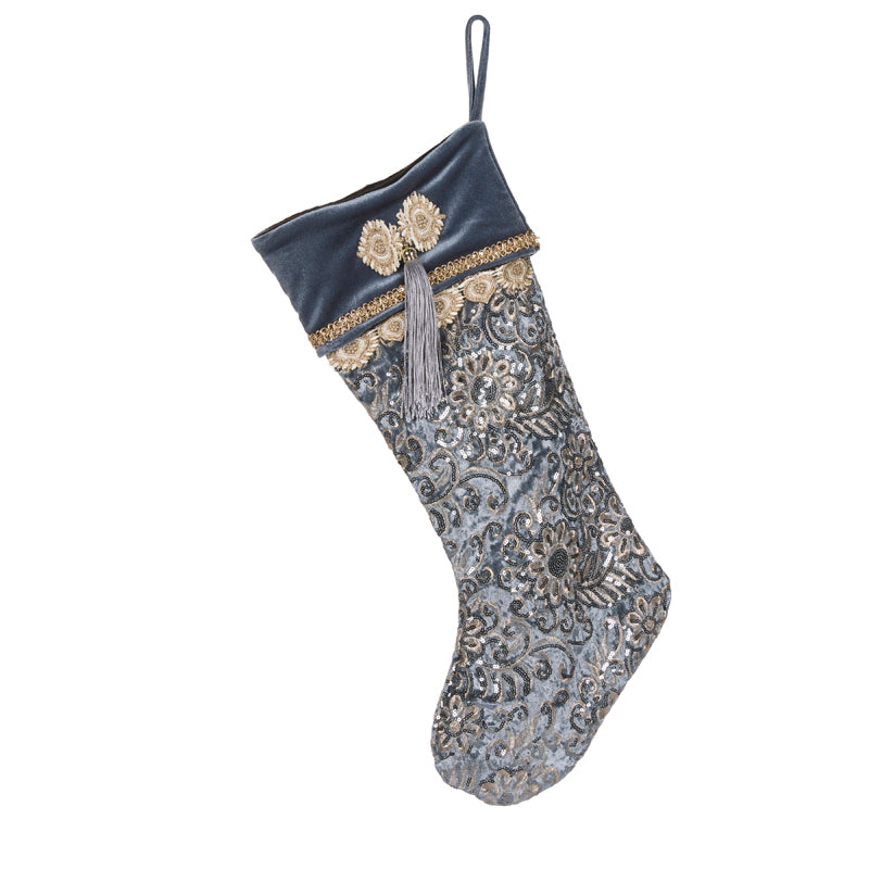 BLUE EMBELLISHED DAMASK STOCKING