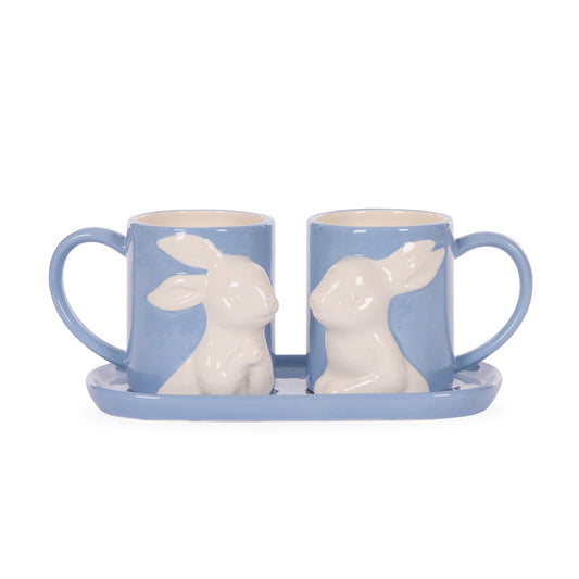 BLUE CERAMIC BUNNIES MUG SET