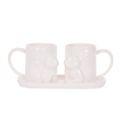 WHITE CERAMIC BUNNIES MUG SET