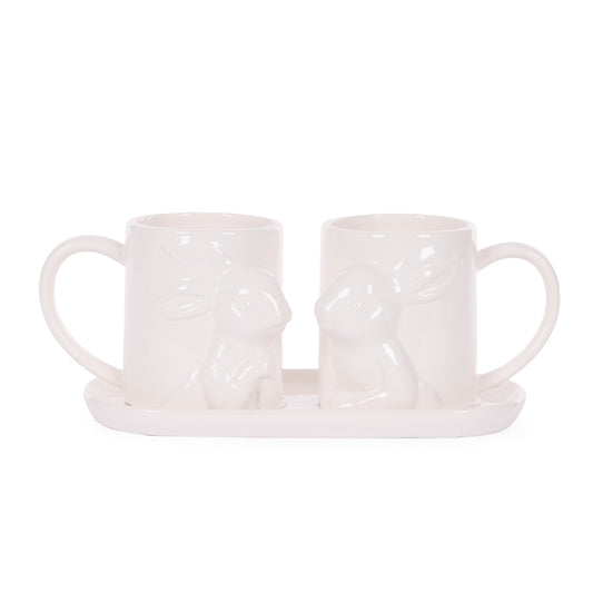 WHITE CERAMIC BUNNIES MUG SET
