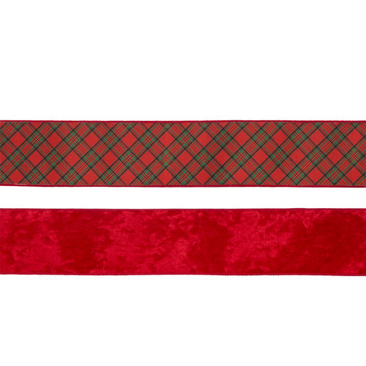 10 CM DOUBLE-SIDED RED AND TARTAN VELVET RIBBON